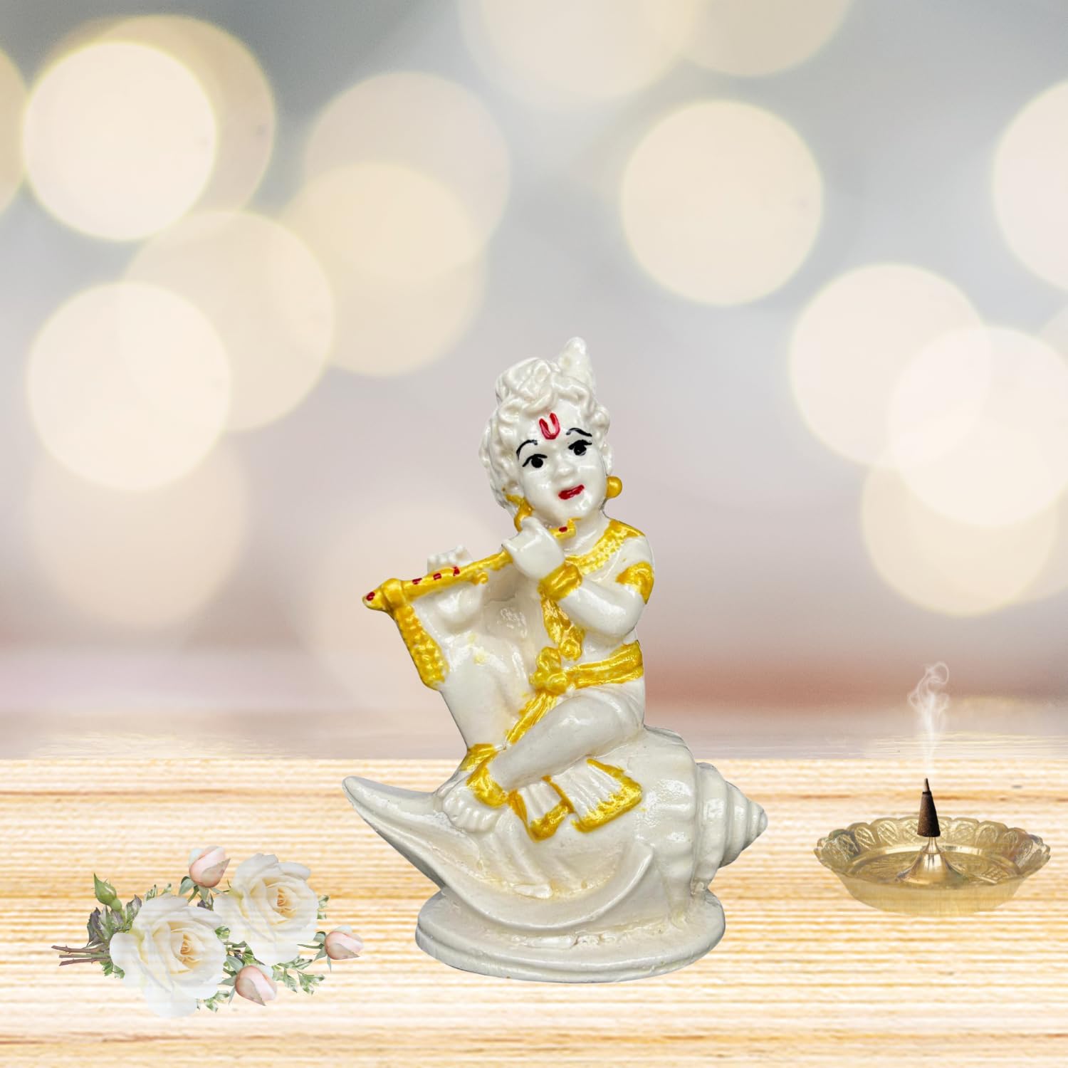 Salvus APP SOLUTIONS Marble Dust Krishna Idol with Shankh: A Symbol of Spirituality and Beauty for Pooja Rooms, Gifting, and Home Decor (White & Golden_3x4 Inch)