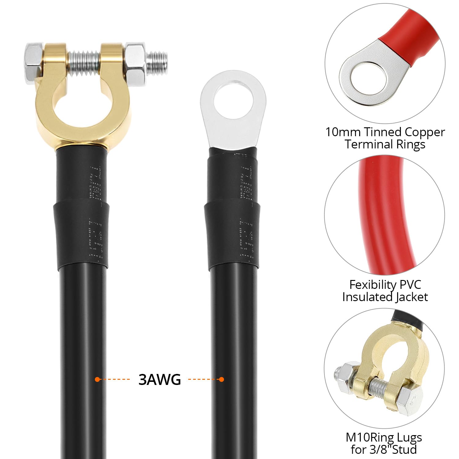 QWORK 30cm Battery Inverter Cable Set, 12V–24V 25mm² 3AWG 125A Heavy Duty Copper Wire with Brass Terminals Red and Black Automotive Solar RV Marine Battery Leads
