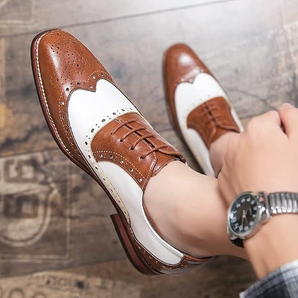 Men Brogues Wingtip Lace up Brown White Oxford Gatsby Derby Dress Shoes by HuitJours - Used condition - Image 8