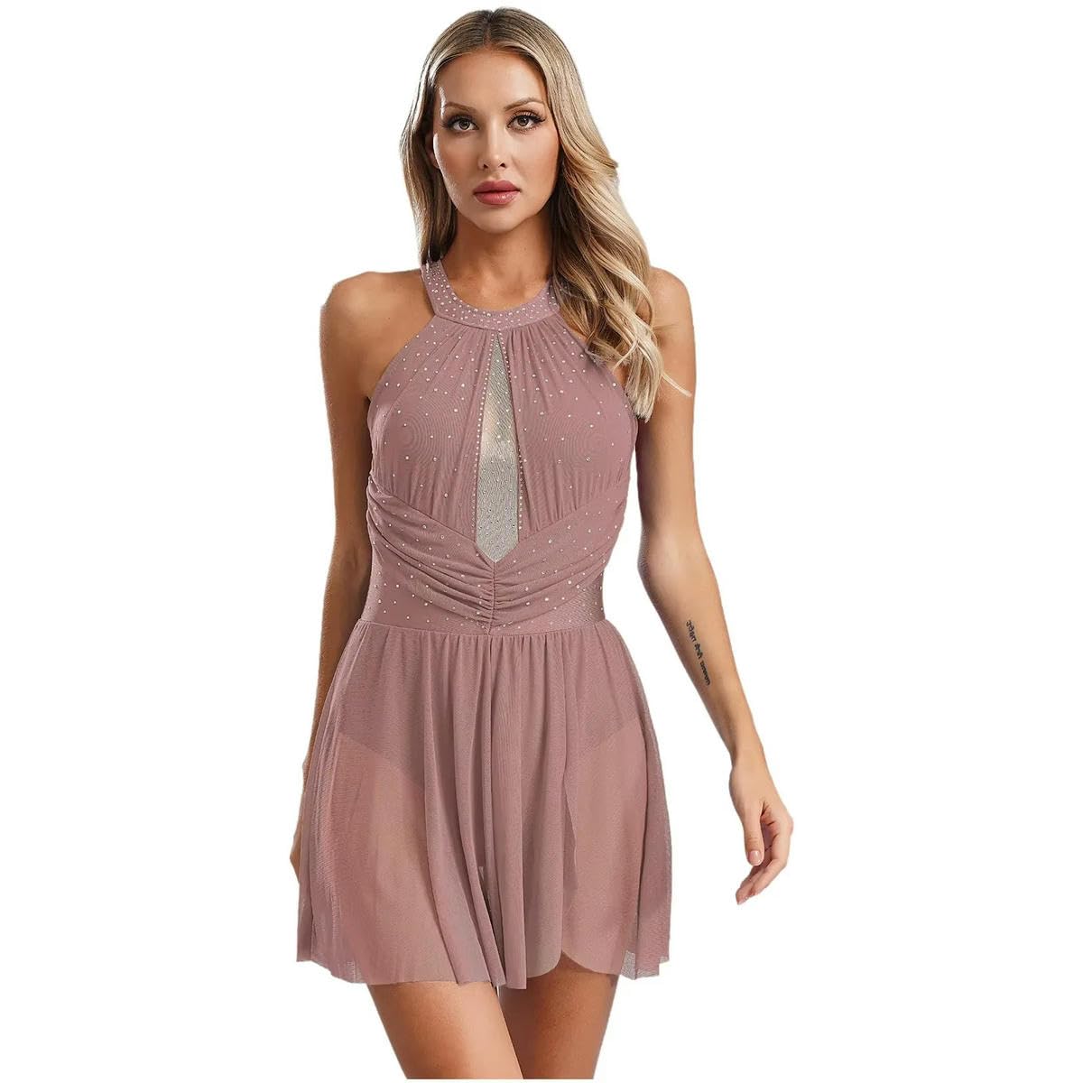 Vestido de gimnasia artística para mujer, con letras líricas, de malla, fruncido, ajustado, para patinaje artístico, ballet, baile