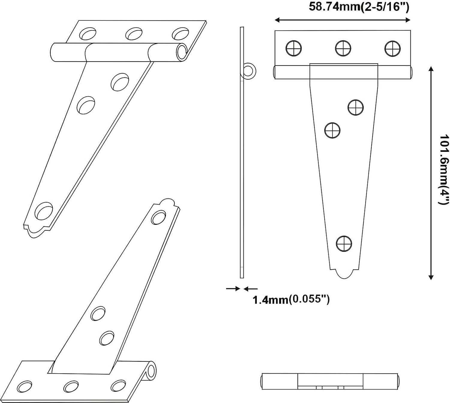 QCAA Steel Light T Hinge, 4" x2-5/16 x1.4mm, Elegant Frosted Matte Black, 24 Pack, Made in Taiwan