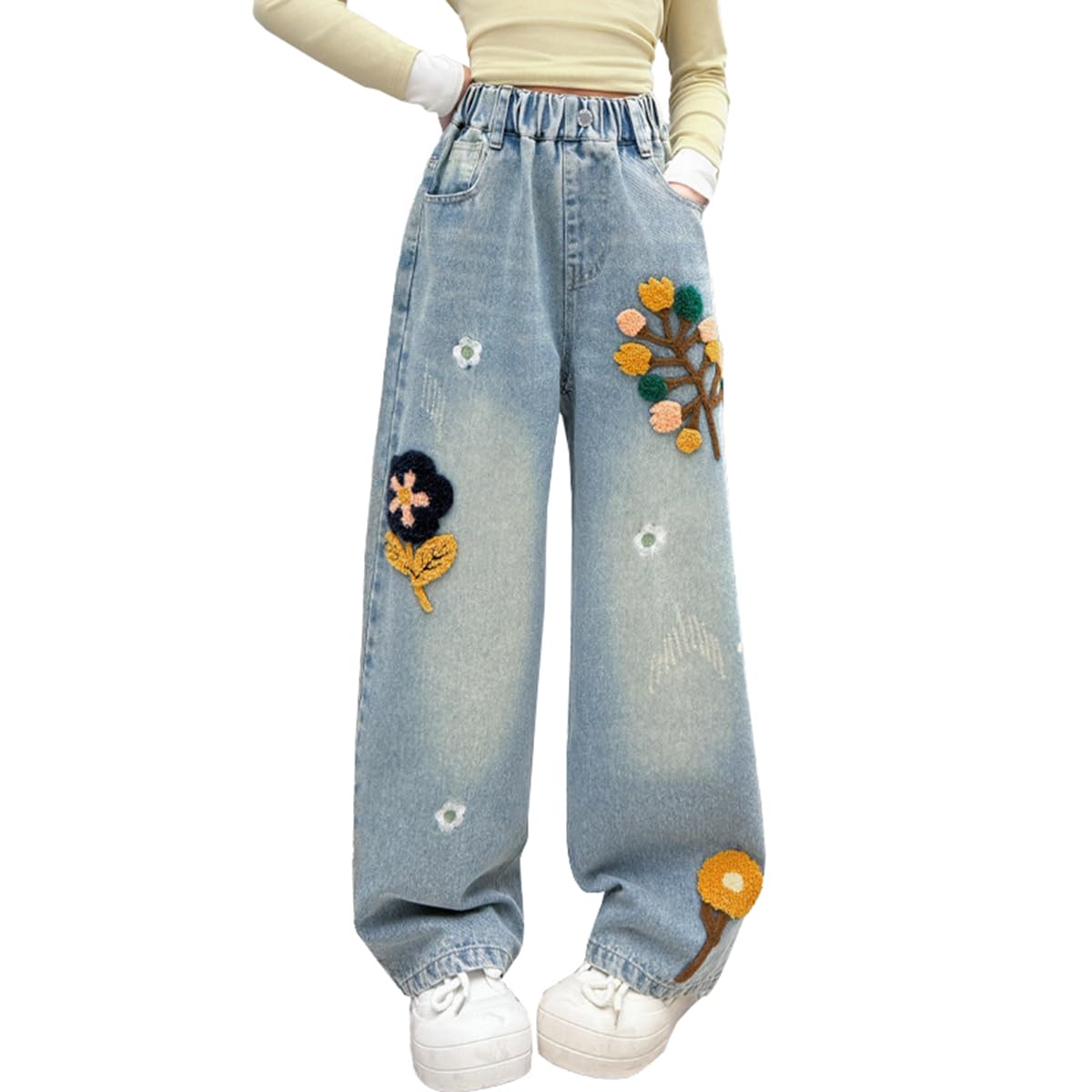 HBER Jeans holgados de pierna recta para niña, estilo casual, Y2K, bonitos pantalones de mezclilla bordados con cintura elástica para niños, adolescentes y niñas