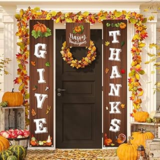 FEPITO 3Pcs Give Thanks Porch Sign Thanksgiving Hanging Banner for Thanksgiving Decoration Fall Party Yard Indoor Outdoor Party