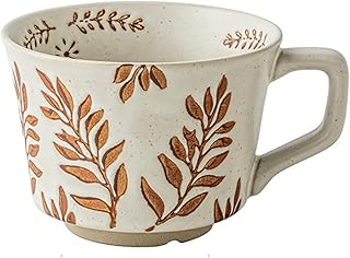 Fable Hand-Painted Stoneware Mug, 11 oz Wide Mouth Latte Bowl, Rustic Ceramic Coffee and Soup Cup with Botanical Design (Brown- Cup)