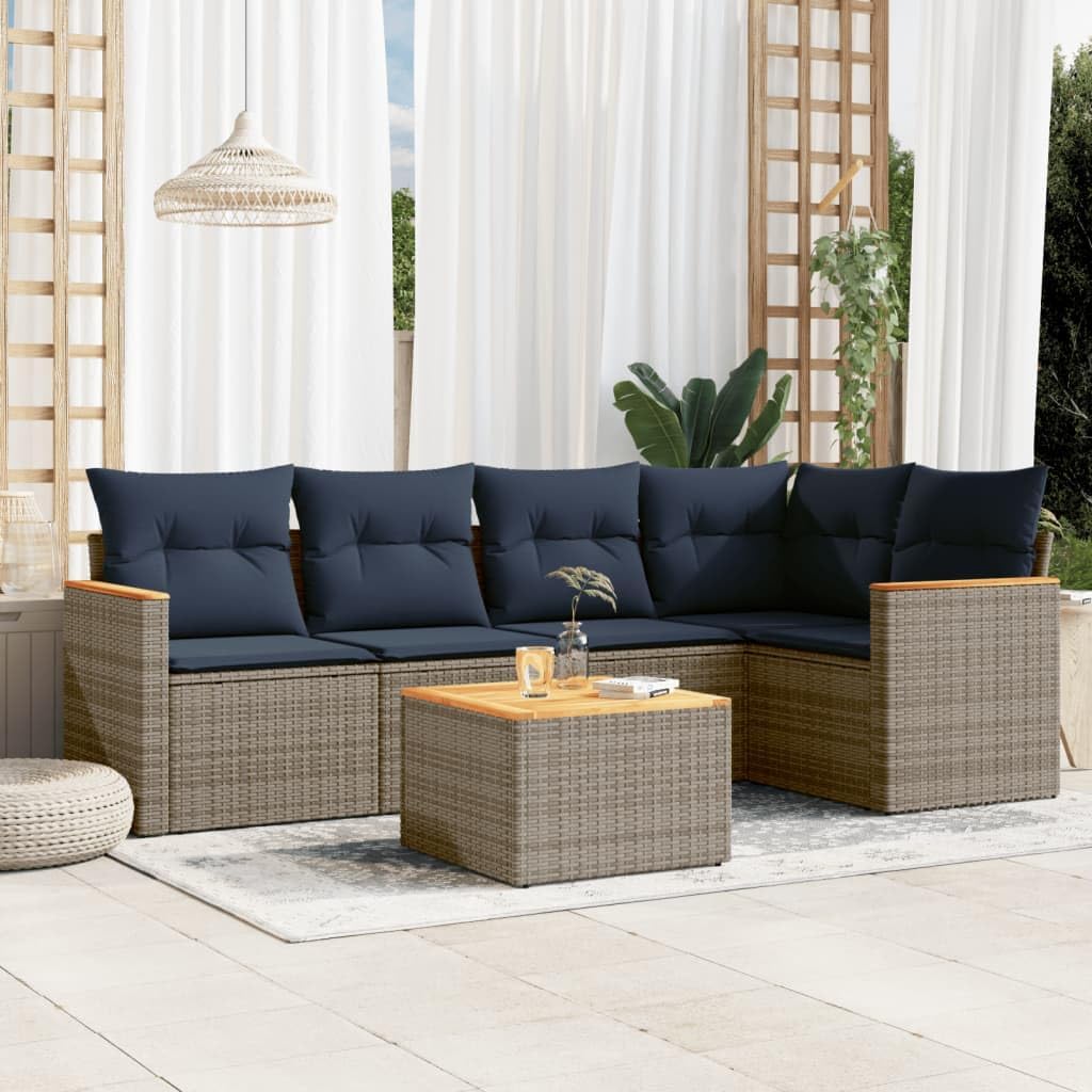 6 Piece Patio Sofa Set with Cushions Gray Poly Rattan Poolside Furniture Set Garden Seating Ensemble for Backyard Backyard