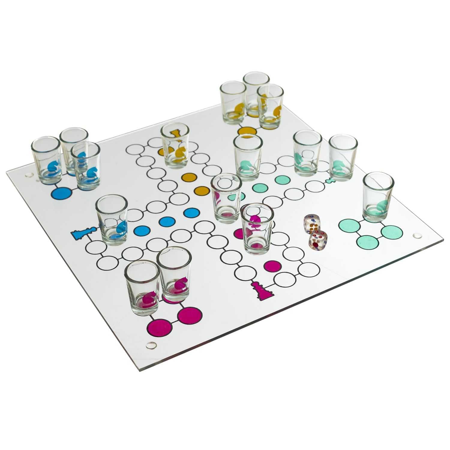 MISTER GADGET - MG3527 Jeu à Boire Petits Chevaux en Verre - Couleurs Variées - Amusement et Convivialité - Accessoire Festif pour Soirées - Blanc, Rouge, Bleu, Vert, Jaune