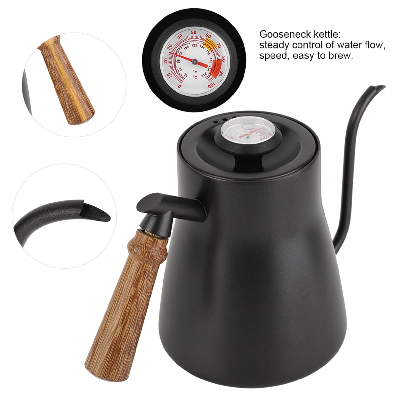 ZPSHYD Kaffeekessel, 850 ml Schwanenhalskessel PTFE-beschichteter Edelstahl Übergießkaffeekessel mit Holzgriff(with Thermometer)