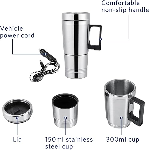 Miniatura 5 de Hervidor de té eléctrico de 10.8 fl oz (10.1 fl oz), de acero inoxidable de 12 V, taza de calefacción eléctrica de viaje para el coche, calentador