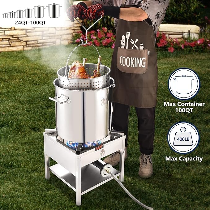 ARC 52QT Seafood Boiling Kit, 200,000BTU Propane Burner And Stainless Steel Crawfish Boil Pot w/Basket and Steamer Rack, For Outdoors Cooking and Steaming, Large Turkey Fryer Pot, Lobster Shrimp Pot
