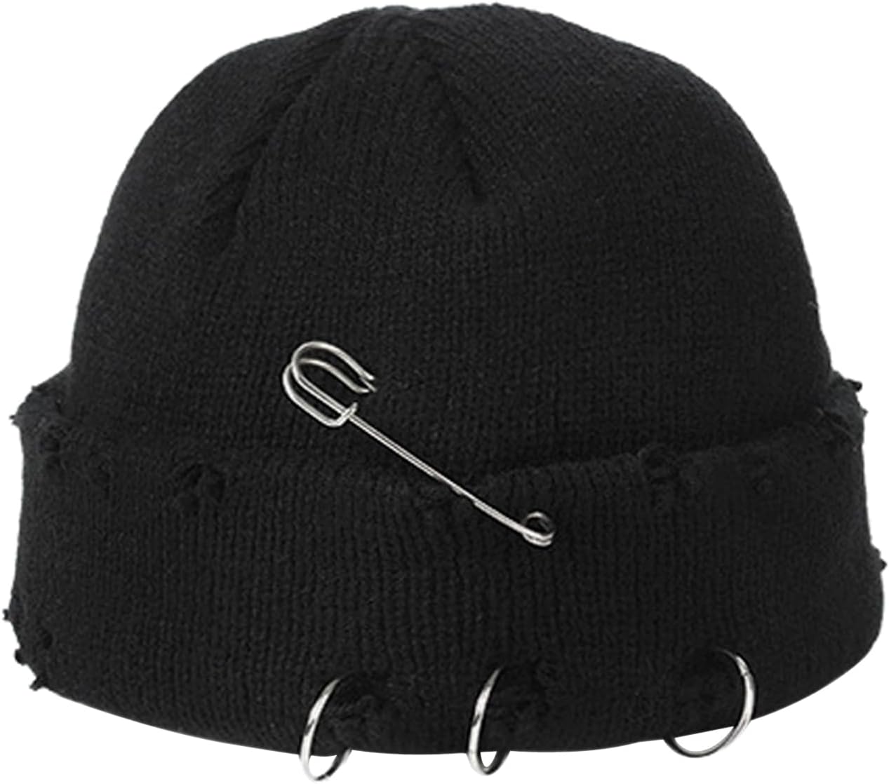 Hip-hop Slouchy Ripped Knitted Hat Unisex Metal Ring Skull Caps Hat