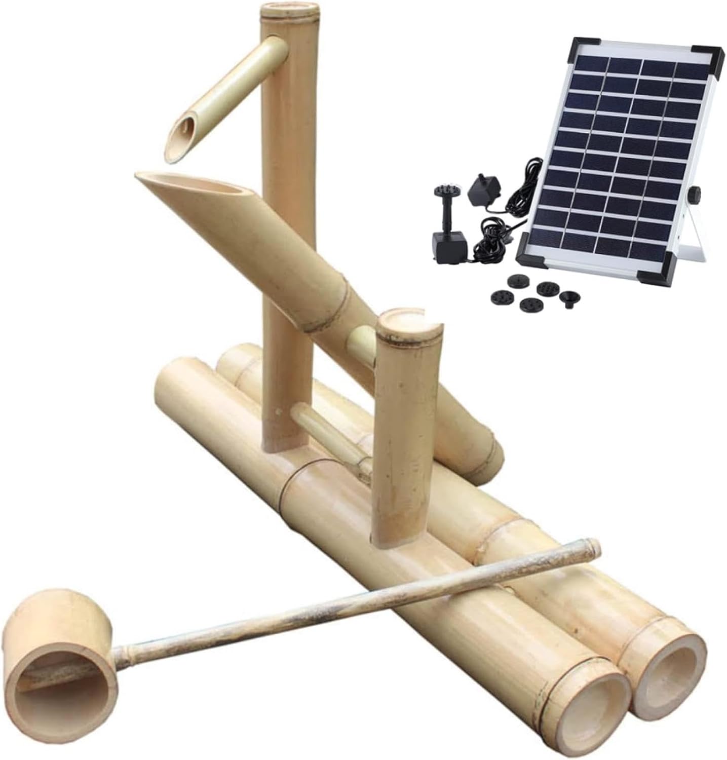 Handmade Bamboo Fountain Kit, Solar Powered Fountain, Feng Shui Zen Garden Water Fountain, with Pump and Spoon, Landscape Decoration, for Patio, Pond, Lawn, Fish Tank, 25.6x5.9x17.7in