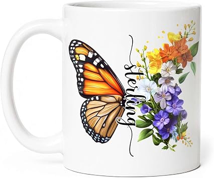 Custom Coffee Mug With Butterfly And Flowers, Personalized Floral Ceramic Cup With Name, Gift For Women And Men, Customized Nature Inspired White Cup, Cute Insect Mug 11oz Or 15oz