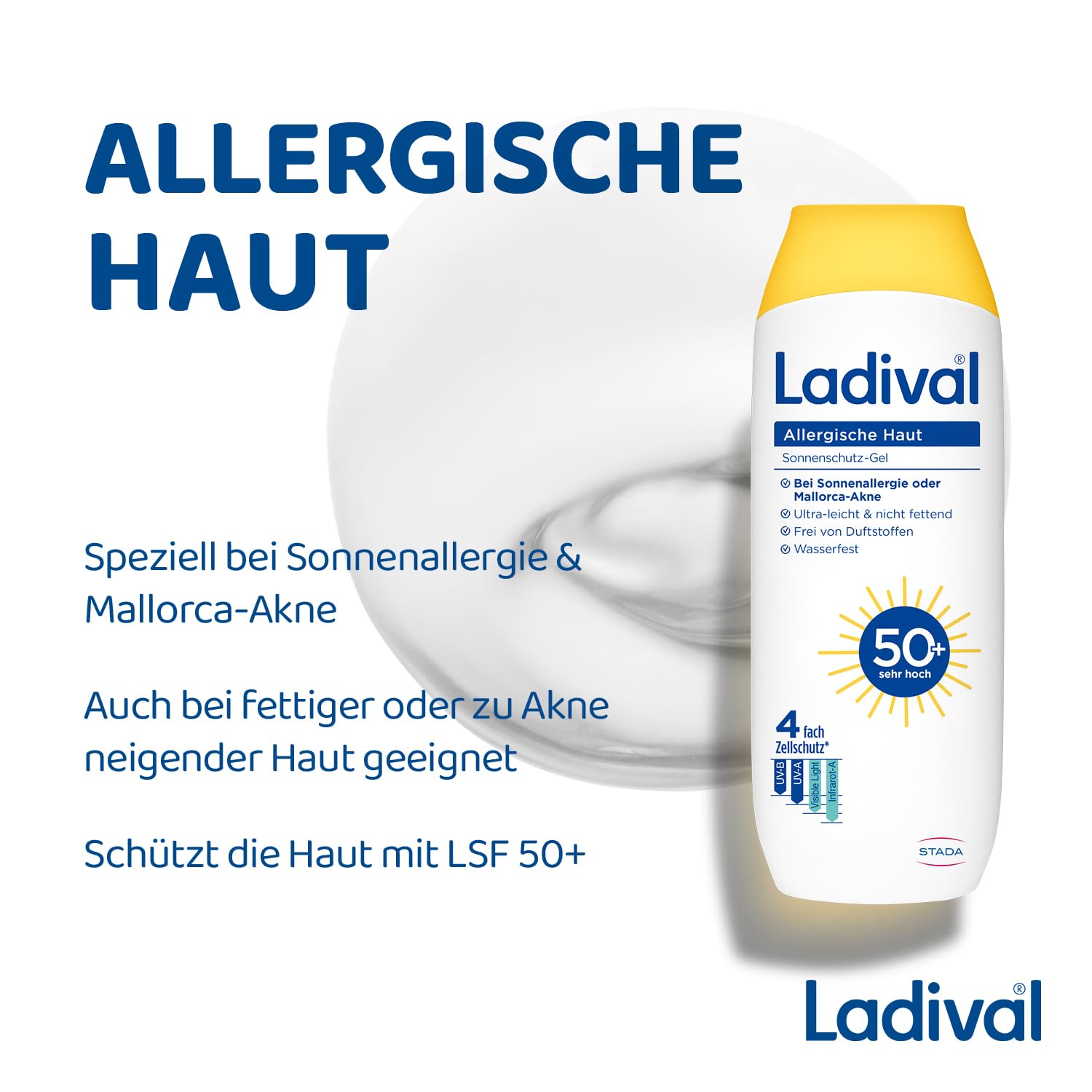 Ladival® Gel protettivo solare per pelli allergiche, SPF 50+, per il corpo in caso di allergie solari e acne di Maiorca, impermeabile, con protezione cellulare a 4 strati, 250 ml