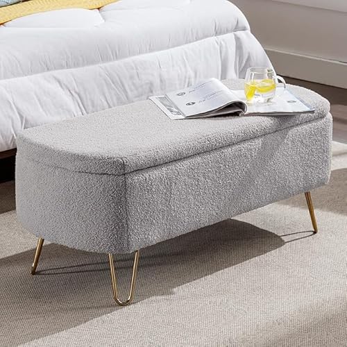 Sudwesto Modern Storage Ottoman Bench, Vintage Boucle Upholstered Entryway Bench, End of Bed Bench with Gold Legs, Padded Bench with Storage for Living Room, Bedroom, Entryway (Grey)