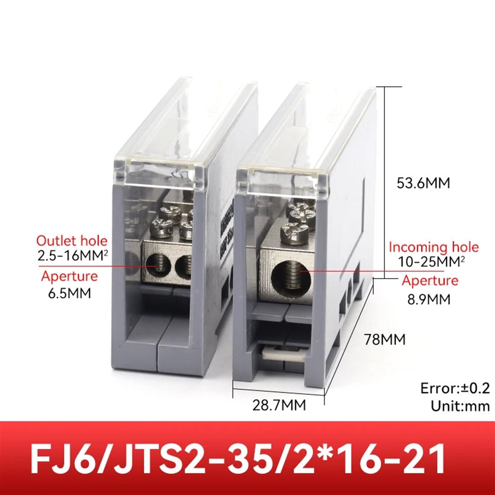 Bloque de terminales de carril DIN FJ6/JTS2, una entrada, 100A, 150A, 250A, 690V, conector de cable eléctrico de alta corriente, caja de conexiones dividida(1 IN 2 OUT Wide21)