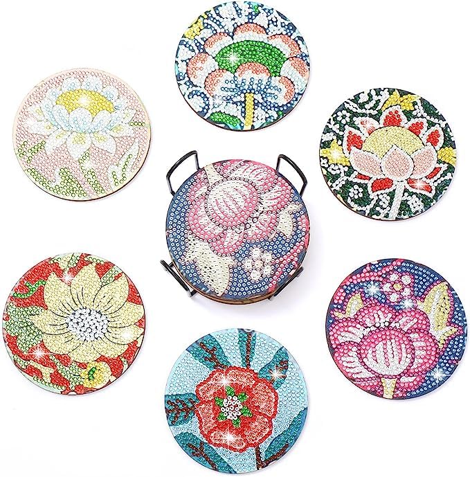 WOWDECOR - Juego de 6 posavasos de arte de diamantes para hacer tú mismo con soporte, diseño de flores coloridas 5D, posavasos de arte de cristal para tazas de coche, bebidas, hogar, bar