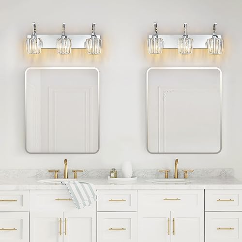 Miniatura 6 de Moderna lámpara de tocador de baño, aplique de pared cromado de 3 luces con detalles de cristal, accesorio de iluminación de baño sobre espejo,