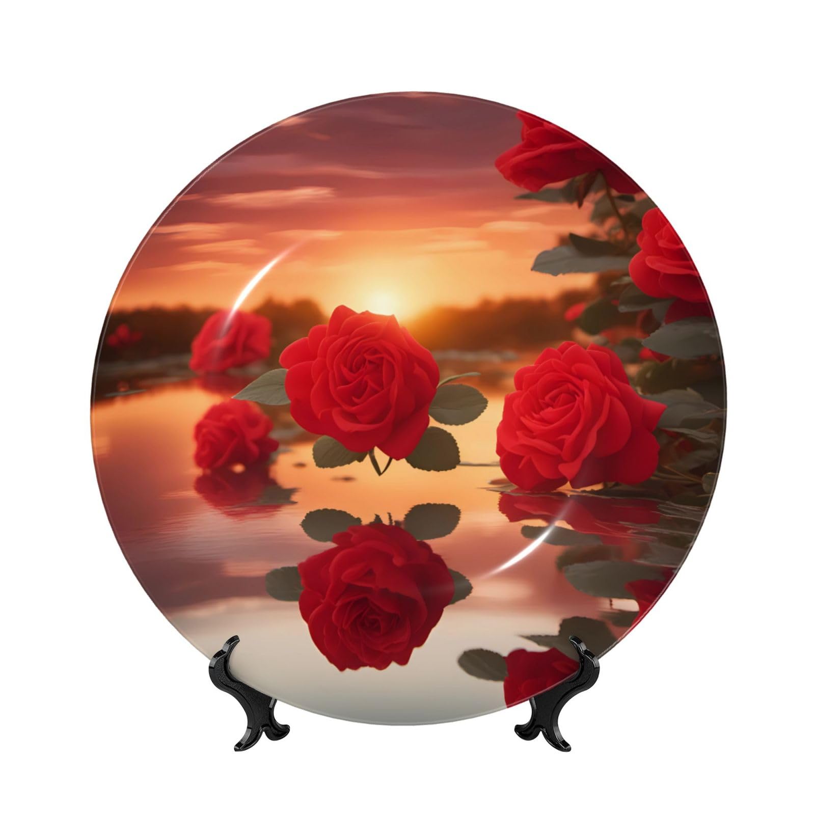 SXZVVBN red roses at sunset Bone China Decorative Plate Art with Stand Removable Adhesive Hanging for Home Office 7in