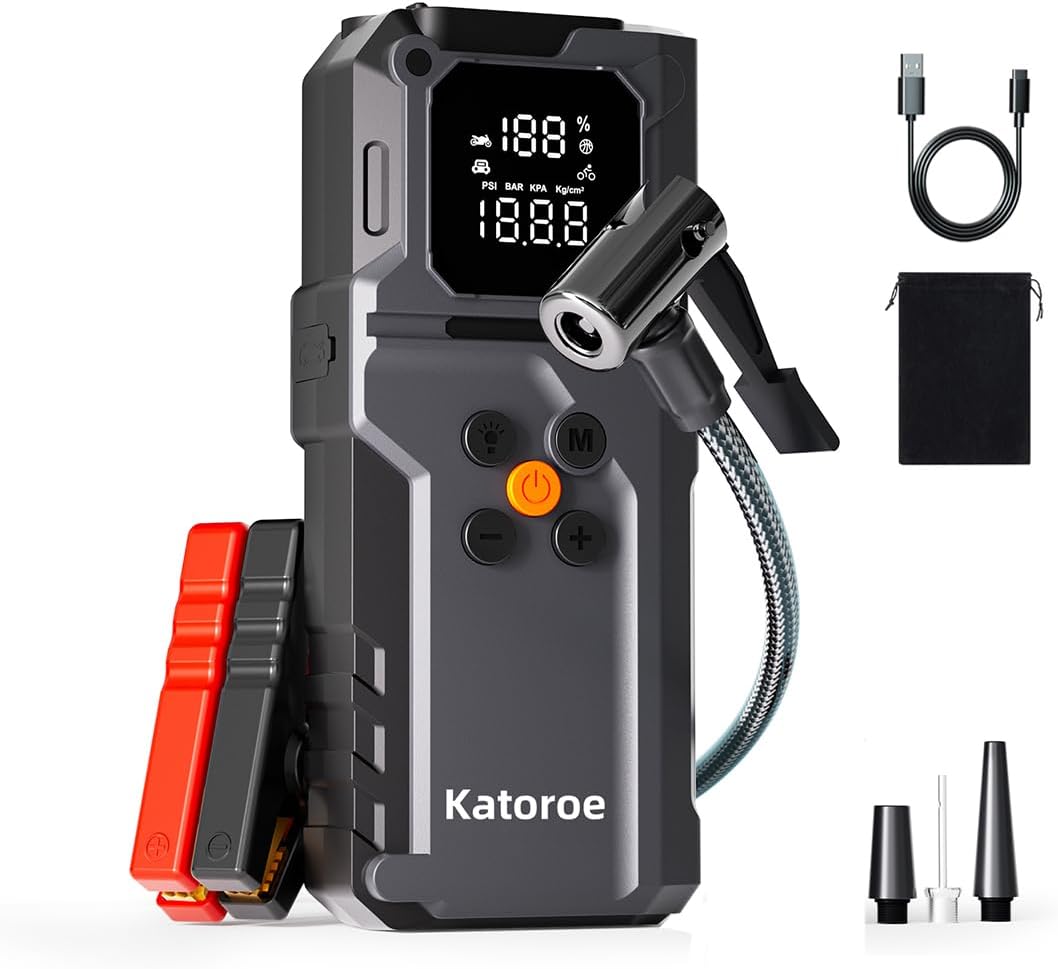 Jump Starter with Air Compressor, 5000A Car Battery Jump Starter (9.0L Gas/7.0L Diesel), 150PSI Tire Inflator 12V Car Battery Jumper Starter Portable with Jumper Cables, LED Light