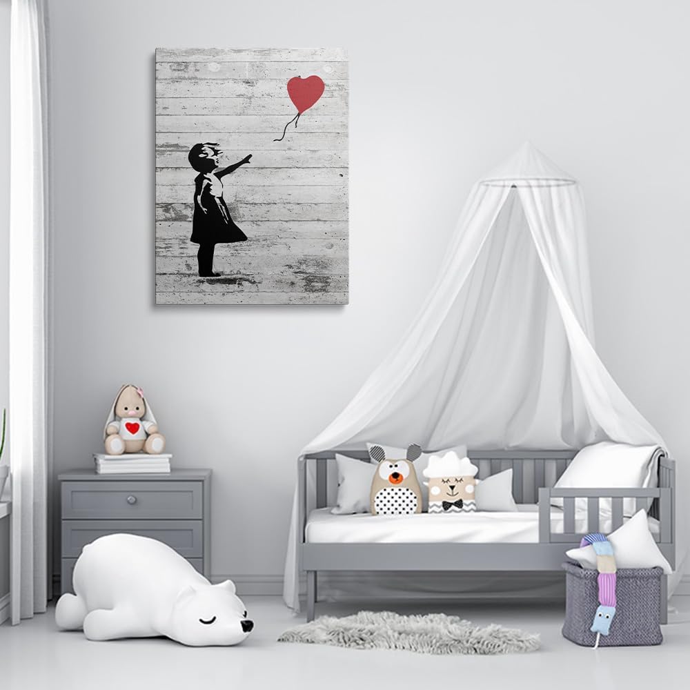 Banksy Canvas Wall Art - Girl With Red Balloon Street Graffiti Wall Art - Grey Framed Wall Art Print Inspirational Picture For Bedroom Living Room Rustic Home Office Wall Decor Ready To Hang (12x16