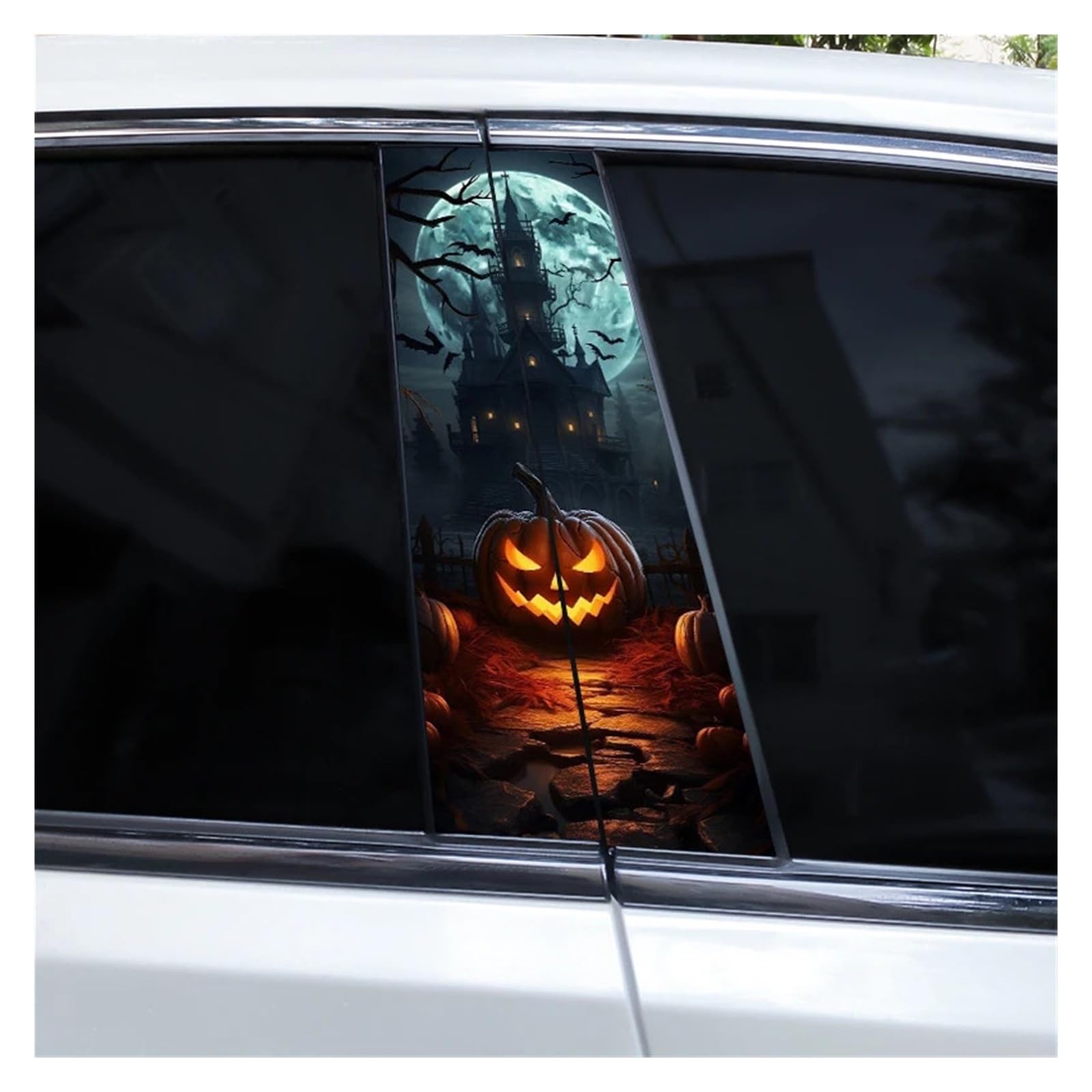 Car Side Decals 2pcs Halloween Horror Castle Pumpkin Car Stickers Door B-Pillar Sunscreen Center Column Decal(Style C)
