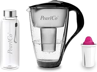 PearlCo - Glas-Wasserfilter (schwarz) mit 1 Magnesium classic Filterkartusche + 1 Trinkflasche aus Glas