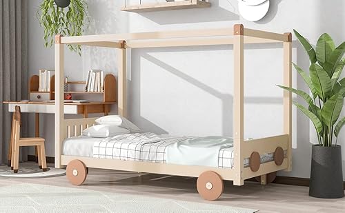 Harper & Bright Designs Twin Size Canopy Car-Shaped Platform Bed Frame For Kids Natural+Brown #TOP4