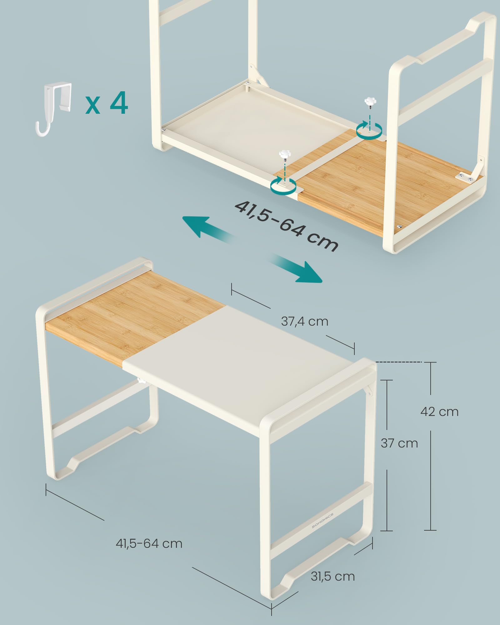 SONGMICS Mensola Microonde Estensibile, Scaffale Supporto Forno a Microonde, Larghezza Regolabile da 41,5 a 64 cm, Cucina, Acciaio e Bambù, 4 Ganci, Bianco Crema e Bambù Chiaro KCS060W01