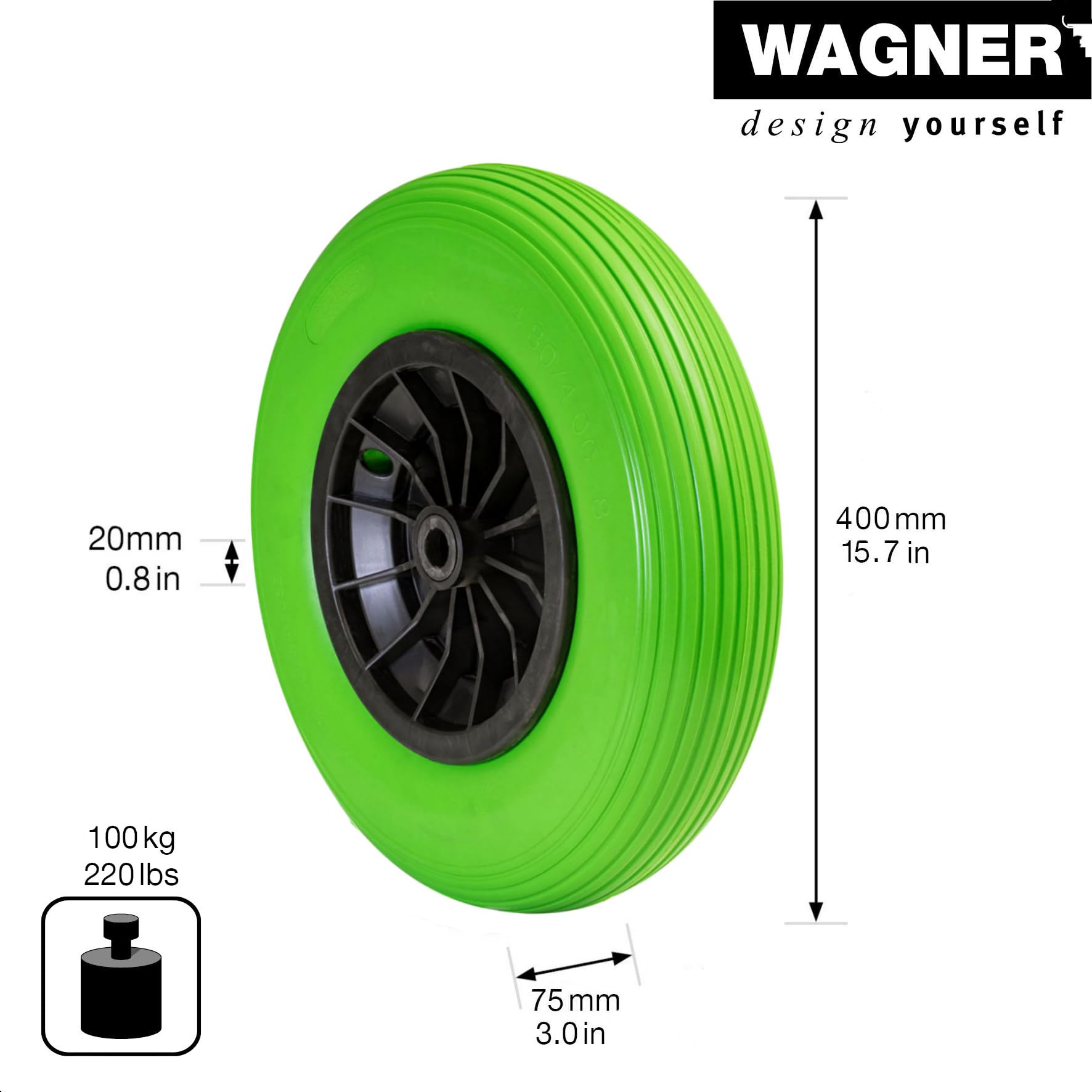 Wagner Rueda de Carretilla - ANTIPINCHAZOS - Rueda de Espuma de PU, diámetro Ø Rueda 400 mm, llanta 75 mm, Eje 20 mm, Capacidad de Carga 100 kg - 04840201