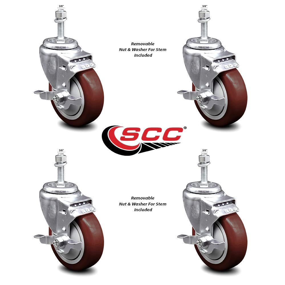 Polyurethane Swivel Threaded Stem Caster Set of 4 w/4" x 1.25" Maroon Wheels and 3/8" Stems - Includes 4 with Top Lock Brakes - 1400 lbs Total Capacity - Service Caster Brand