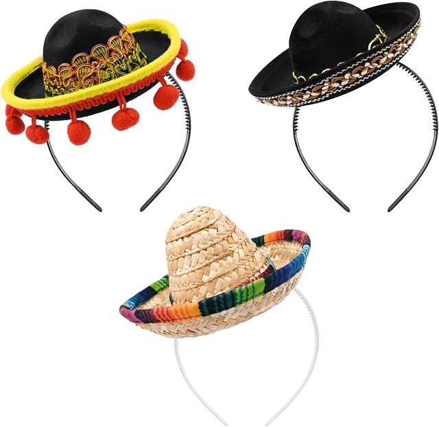 Hileyu 3 Pieces Mini Mexican Hats Headband,Sombrero Headband Mini Sombrero Party Hats,Cinco De Mayo Fiesta Hat Headband,Mexican Headband for Mexican Fiesta Party Decorations