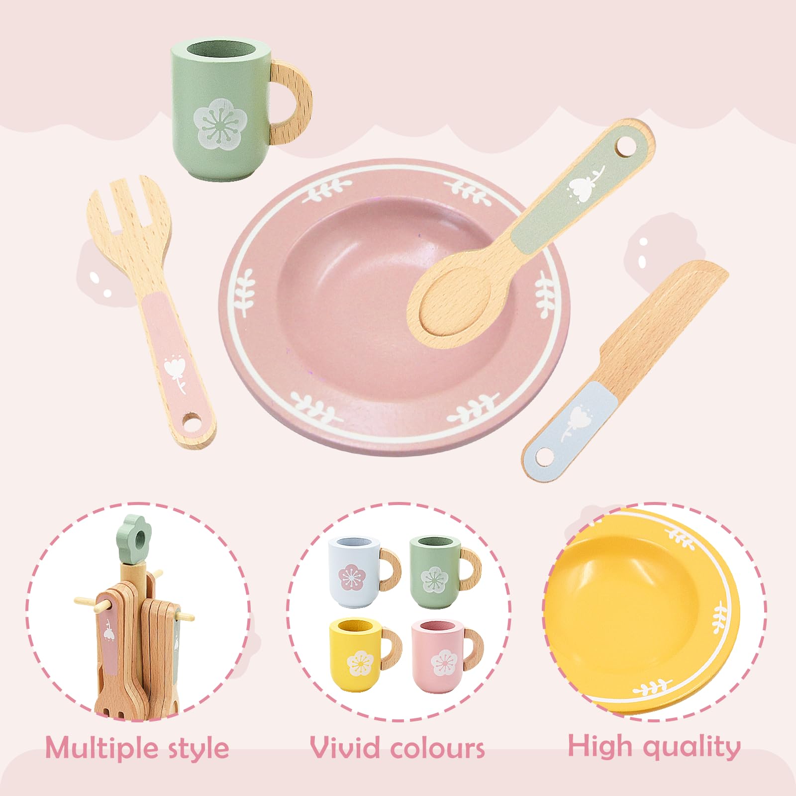 Cocina Juguete de Madera, 22 Piezas Accesorios Cocina Juguetes con Platos y Vajilla Pequeños, Juguetes de Cocina de Madera para Juegos de rol, Regalo para Niñas Niños 3+ Años