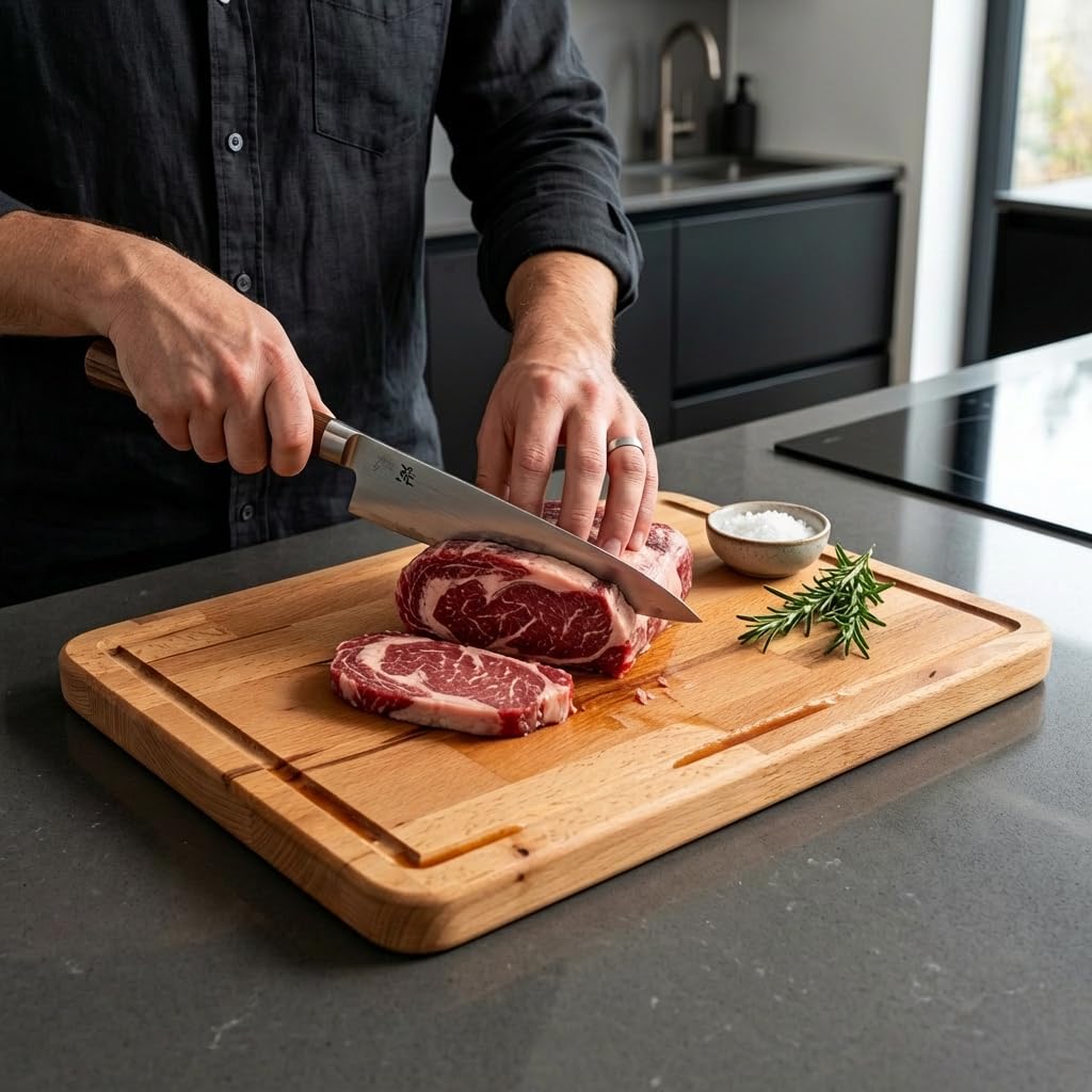 Planche à découper de qualité supérieure, en bois massif de hêtre huilé, avec rainure de jus, pour couper et servir, qualité artisanale autrichienne, pour la cuisine et le service, utilisable