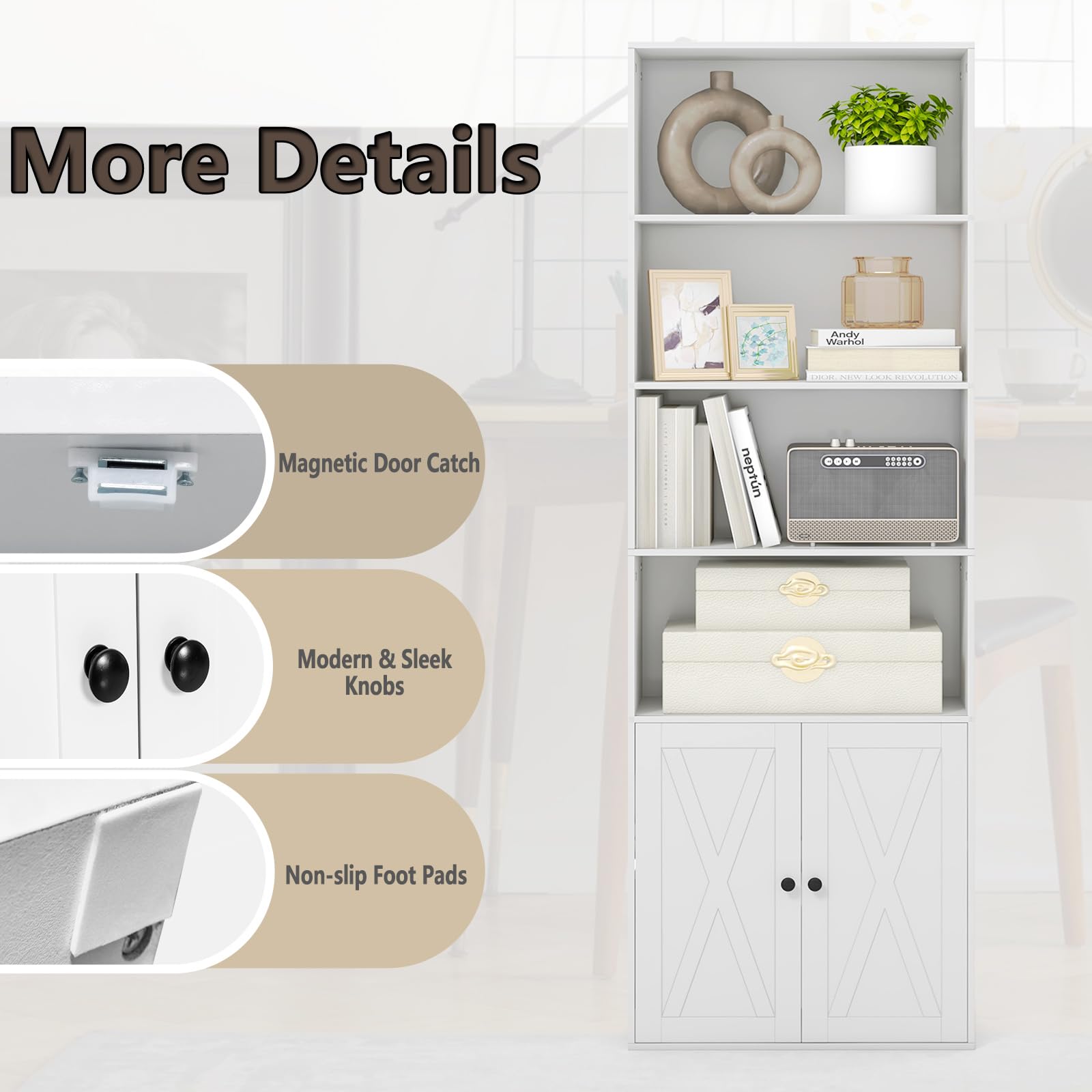 KOMFOTTEU Libreria Chiusa in Legno con Armadio a Ante, 6 Ripiani Aperti, Librerie Moderne con Ripiano Rimovibile, Libreria Scaffale, 60 x 24 x 180 cm, Bianco
