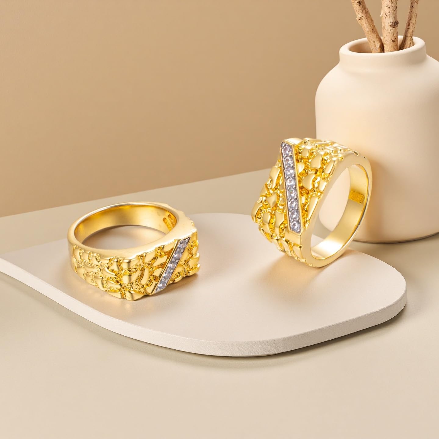 Jewelry | 5x2mm White Zircon Stones Gold Nugget Ring | Square Flat Top Ring for Men & Women | Platinum & 14K Gold Plated, Hip Hop Jewelry - Image 2