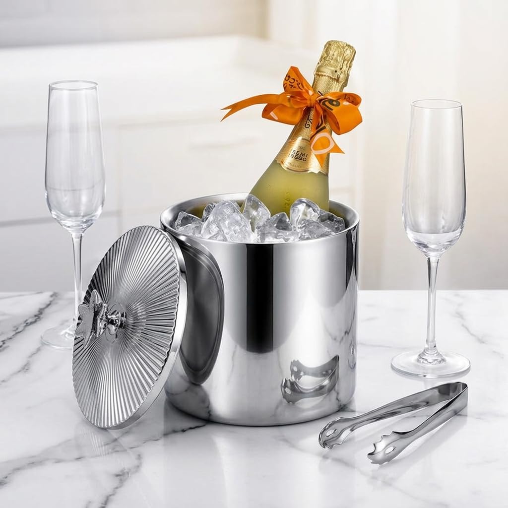 Homyl Hielera Inoxidable 304 con Tapa, Aislamiento Doble Pared, para Restaurantes, Estilo nórdico, Cubo de Hielo de Doble Capa con Tapa y Pinzas