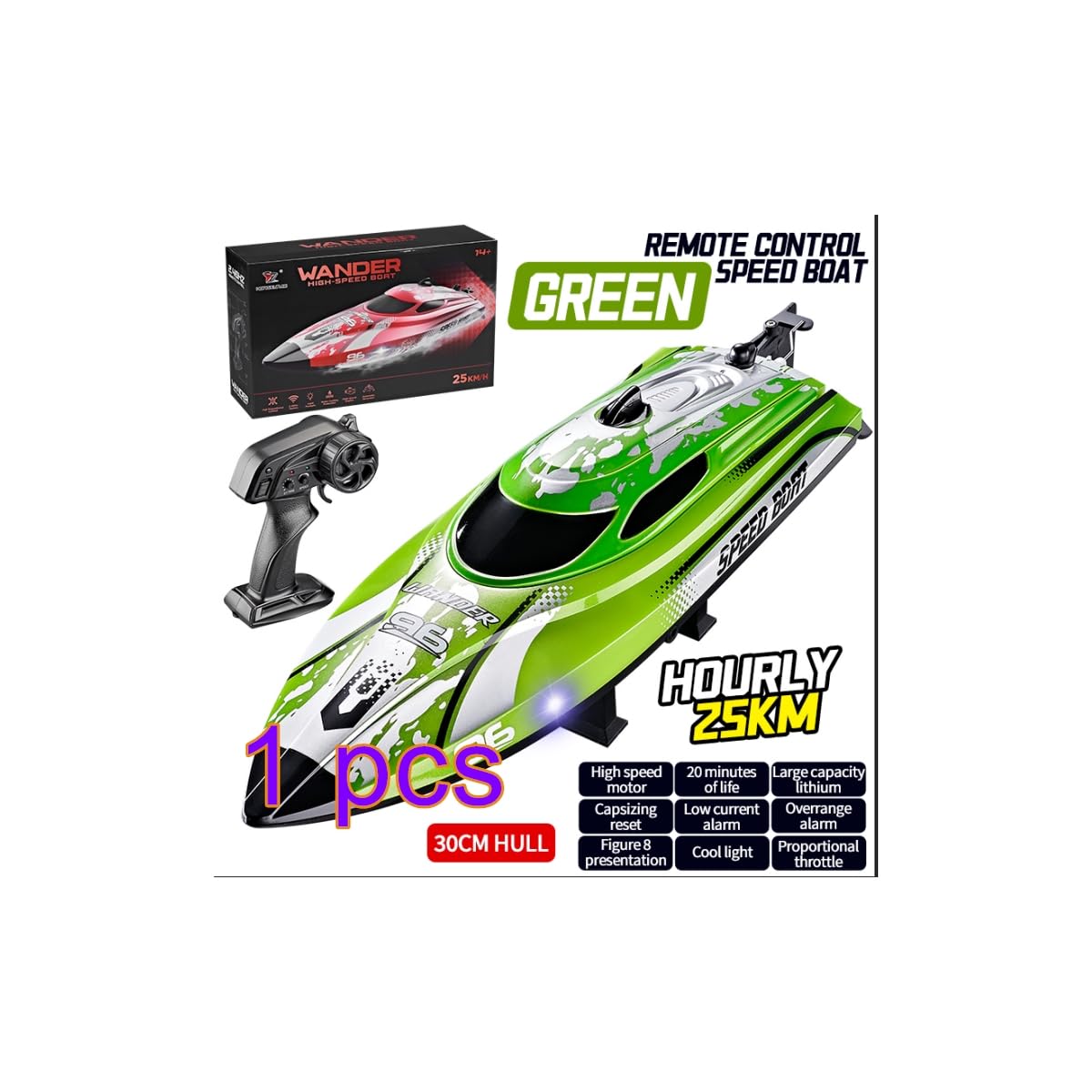 NULA Barca da corsa radiocomandata per lago, piscina e laghetto, 2,4 GHz, con 25 km/h, funzione automontante, illuminazione a LED e controllo proporzionale, verde, 3 batterie