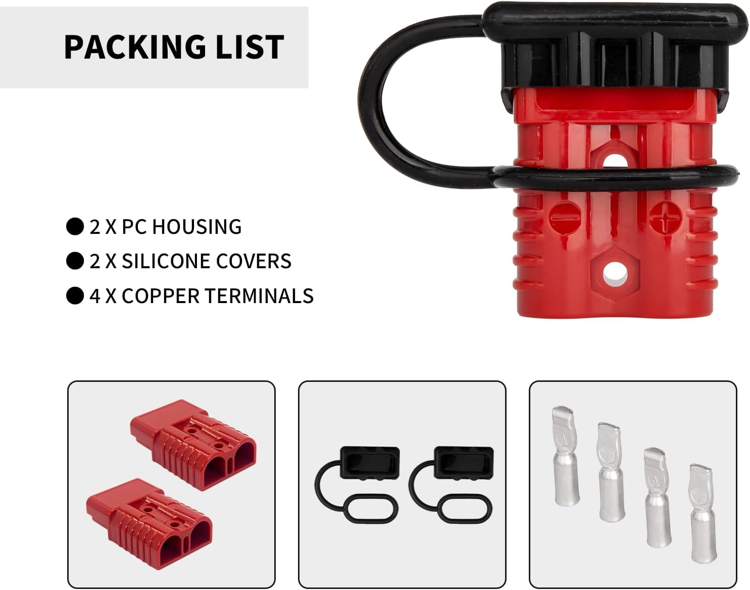 175A Anderson Connector, 1/0 AWG Battery Quick Connect Disconnect Plug, 12-36V DC Max 600V, 2-Pack with Flexible Silicone Dust Cover for Winch RV Forklift Marine Trolling Motor