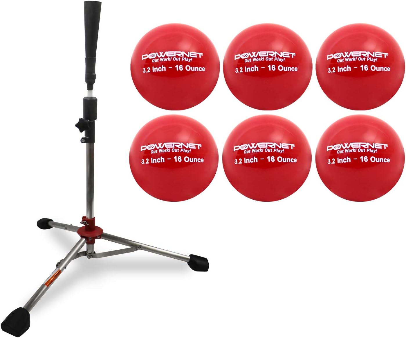 PowerNet Baseball Softball PRO Heavy Batting Tee (6.5 lbs) + Red Weighted Training Ball (6 Pack) Bundle | Hitting Drill Coaching Aid | Adjustable Height 27.5" - 44"