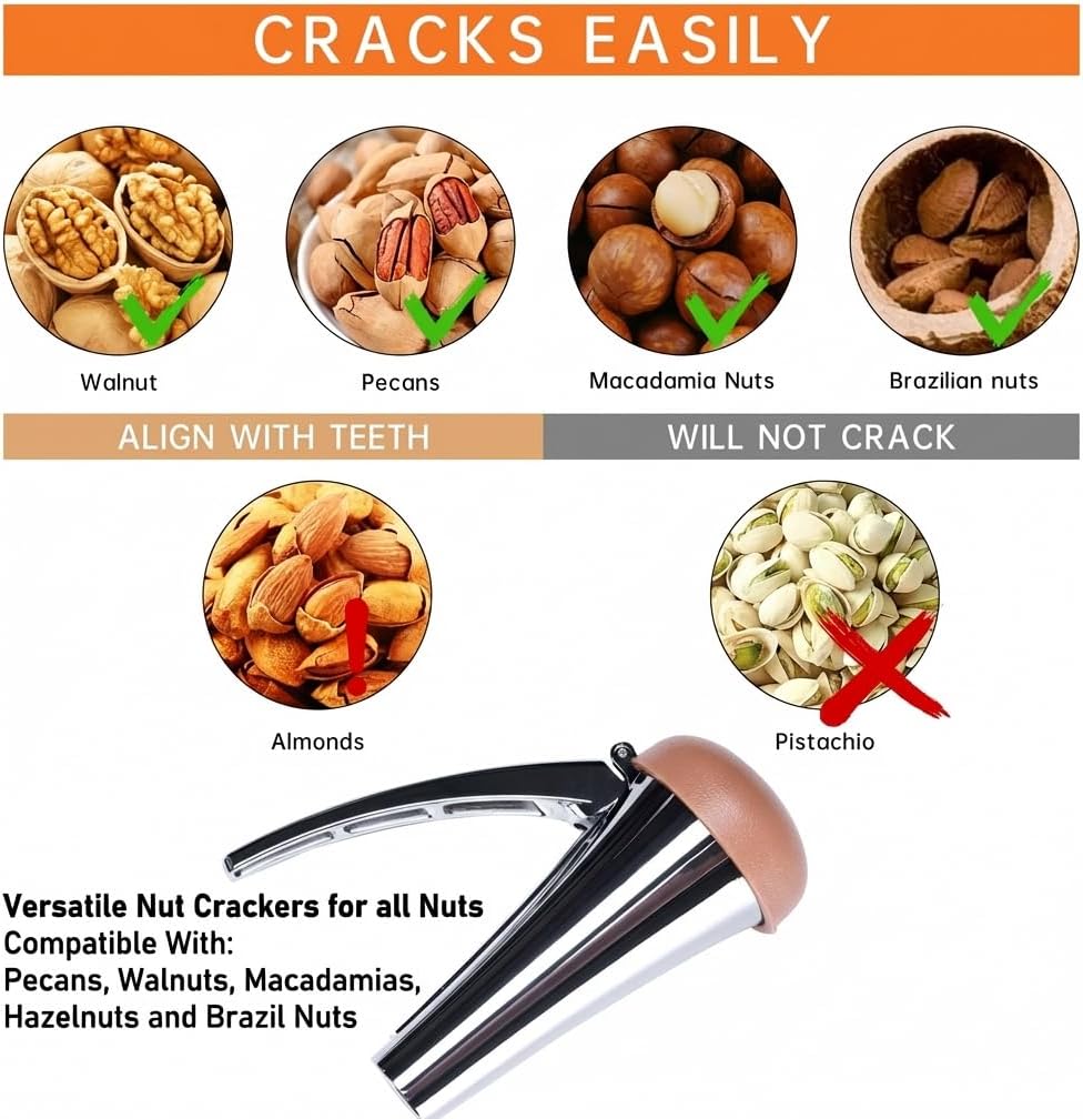 Nutcracker: Effortlessly Cracks Large to Medium Nuts, Heavy Duty Nut Cracker tool with Splash-Proof Brown Lid, Long Ergonomic Leverage & Spring Return walnut pecan cracker