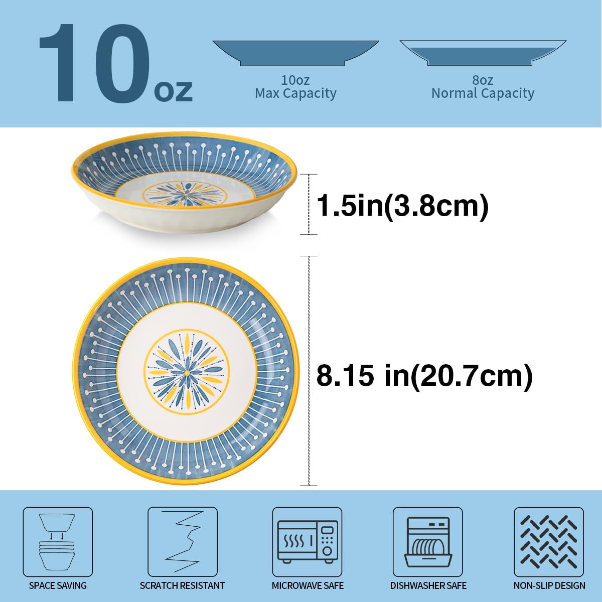 Yeacccng Bundle-2 items Cereal Bowls Set of 4, Pasta Bowls Set of 4, Scratch-Resistant,Lead-Free,Dishwasher & Microwave Safe,Easy Clean