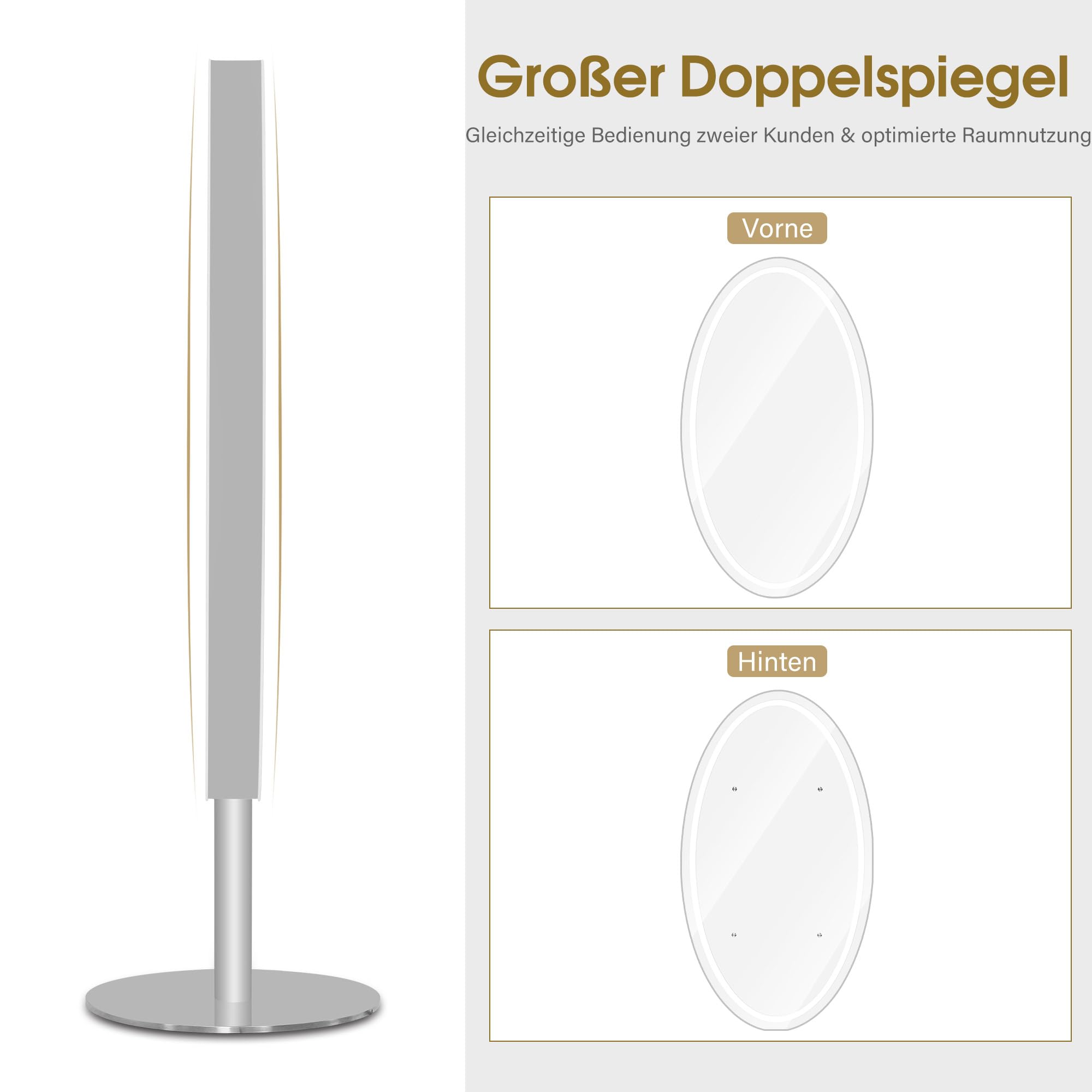 Barberpub Standspiegel mit Beleuchtung, Ganzkörperspiegel mit Edelstahl, Großer Doppelspiegel mit Sockel, Touch-Schalter, 3 Lichtfarben Dimmbar, für Friseursalon, 60x60x192 cm, J8363 (Silber)