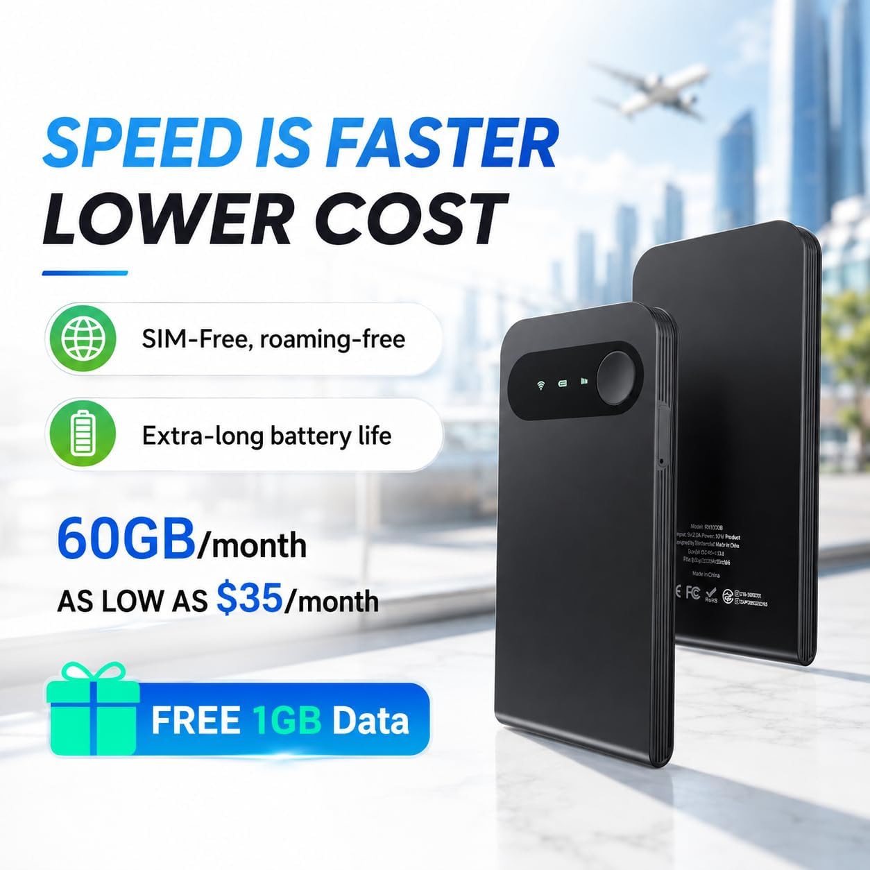 Comenzar WiFi 6 Mobile Hotspot, Ultra-Fast eSIM Card Portable WiFi for Travel in 150+ Countries, Type-C USB Wired Tethering for Laptop, Pocket Size Router (1GB Global Data)