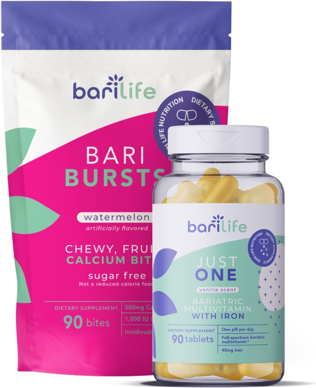 Bari Life Just One, Once Daily Bariatric Multivitamin with Iron (90 Tablets) and BariBurst Calcium Citrate Soft Chews for Gastric Bypass, Gastric Sleeve and Duodenal Switch (Watermelon)
