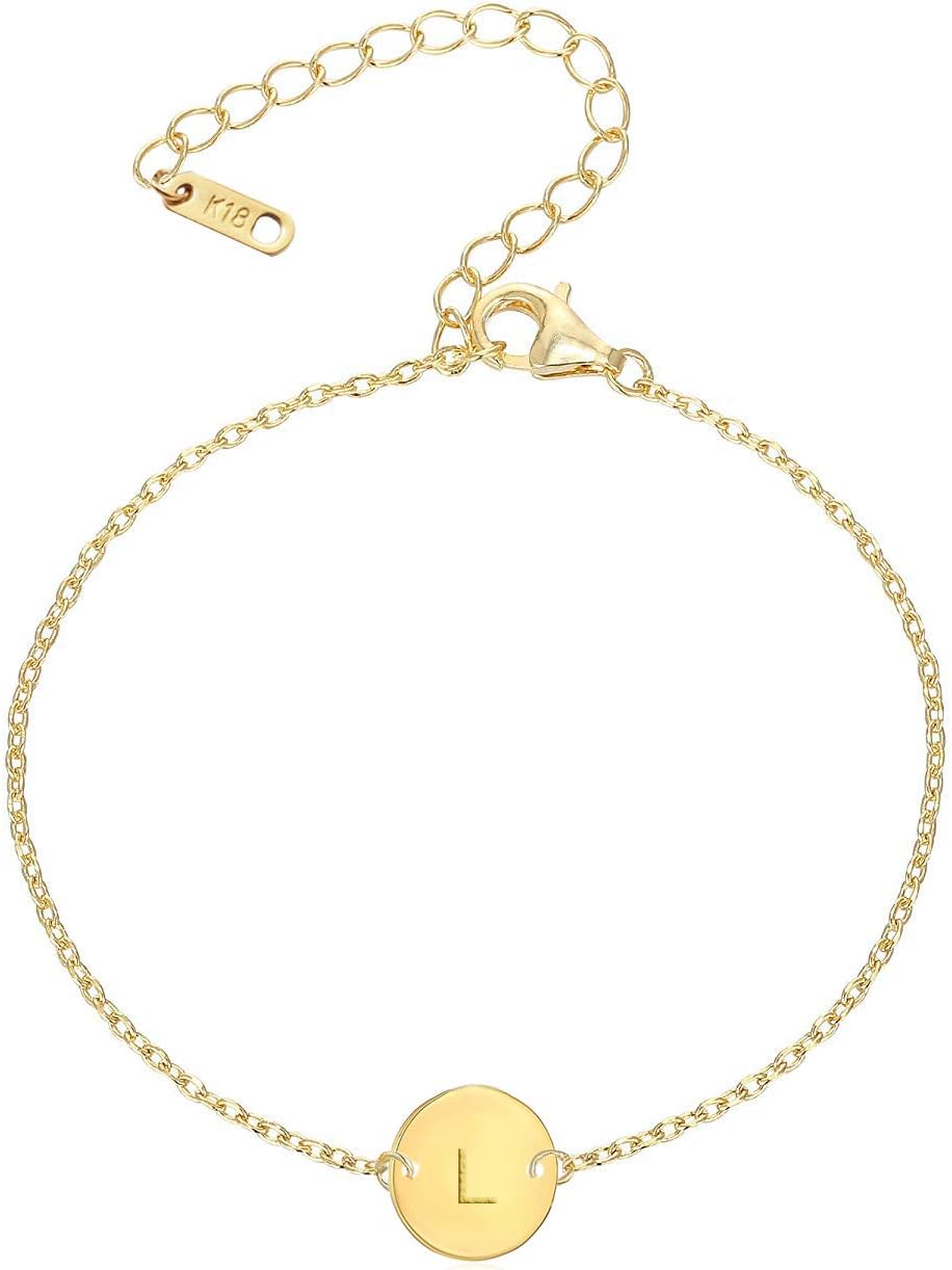 18K Gold Plated Stainless Steel Initial Bracelet Personalized Letter Charm Bracelet Small Dainty Disc Monogram Name Bracelet for Women