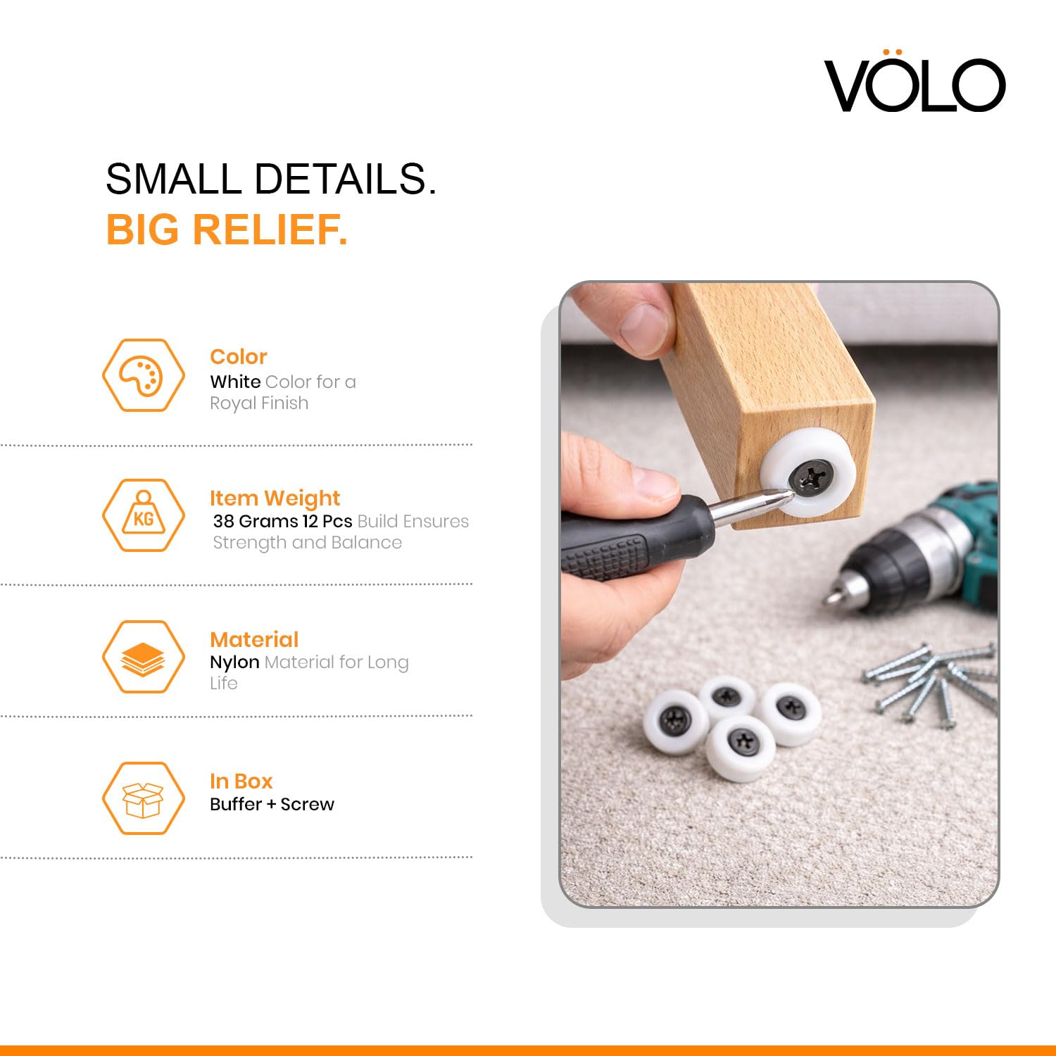 VOLO Pack of 12 Round PVC Screw-On Furniture Buffer Pads – Non-Skid Floor Protectors for Sofas, Chairs, Tables, Noise Insulation, White Nylon 2