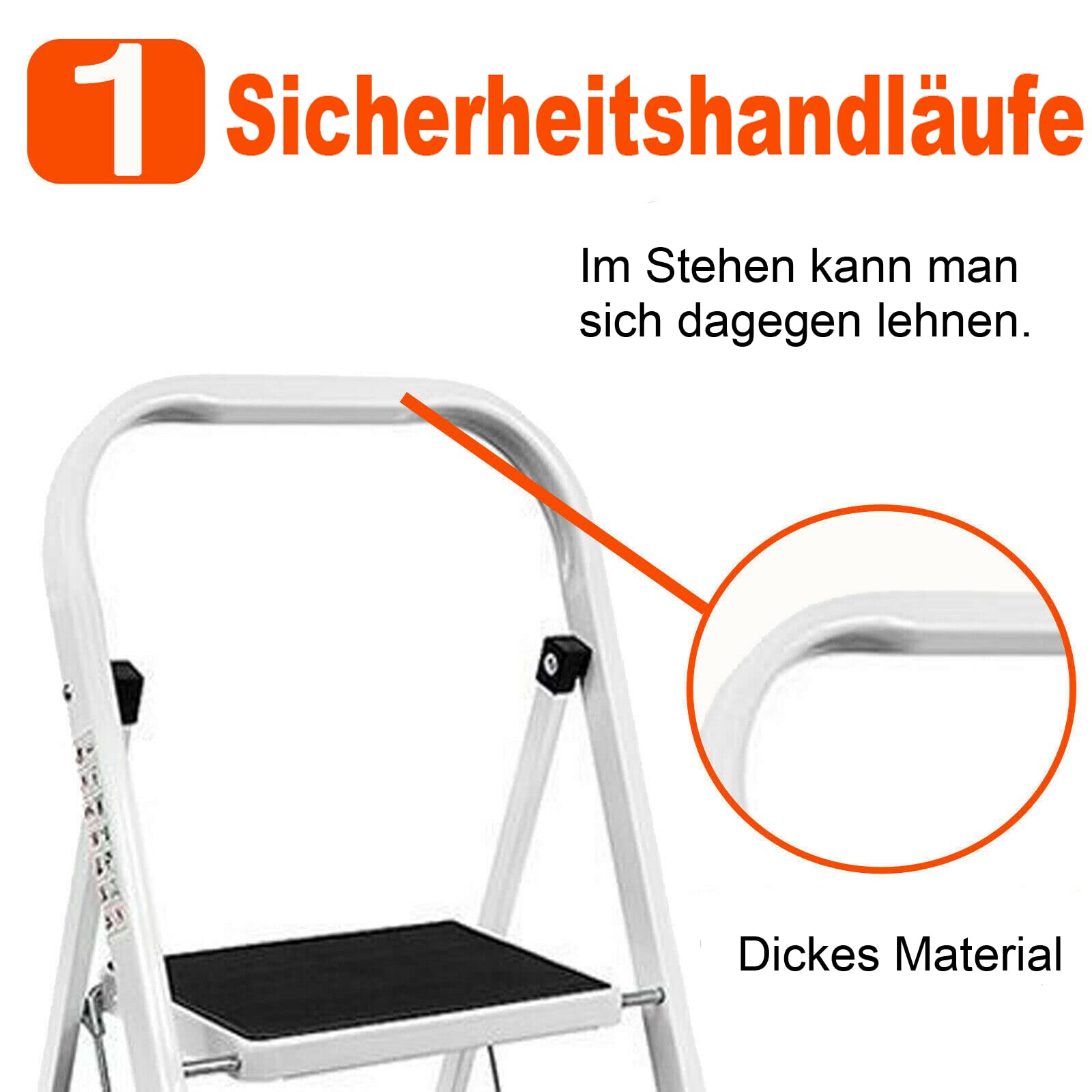 Escalera plegable de 3 peldaños, de acero aleado, con pasamanos y pies de goma antideslizantes, escalera plegable, fácil de guardar y transportar, soporta hasta 150 kg