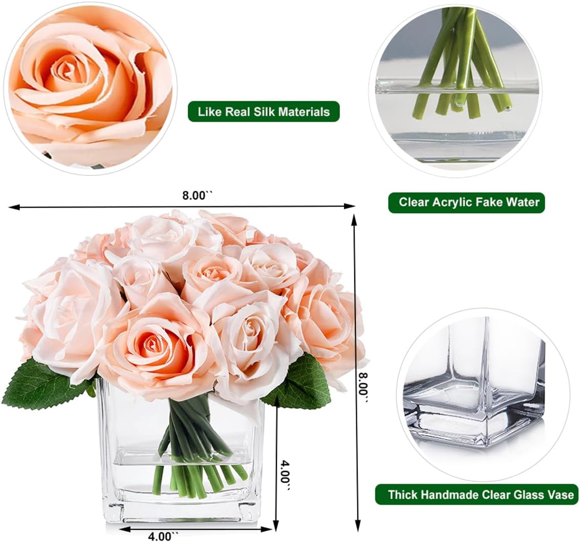 18 Heads Rose Faux Flowers in Vase, Aritificail Rose Floral Arrangement with Vase for Dining Table, Bedroom, Wedding Decor (Champagne) - Image 3