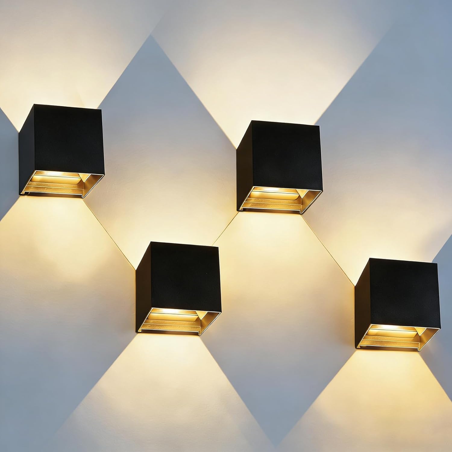 Mille Lucciole 12W 4Pack Outdoor Wall Lights Exterior/Interior,LED Black Outdoor Wall Sconces Light Fixtures Modern,IP65 Waterproof Square Aluminum Wall Lamps, Up and Down Lights 3000K Warm Lights