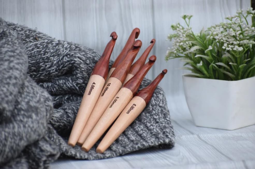 Wooden Crochet Hooks Set of 7 Hooks | Rosewood and Beechwood Needle Set Crafted & Premium Quality Design | Beautiful Nature Wood Design (Only Crochets Hooks)